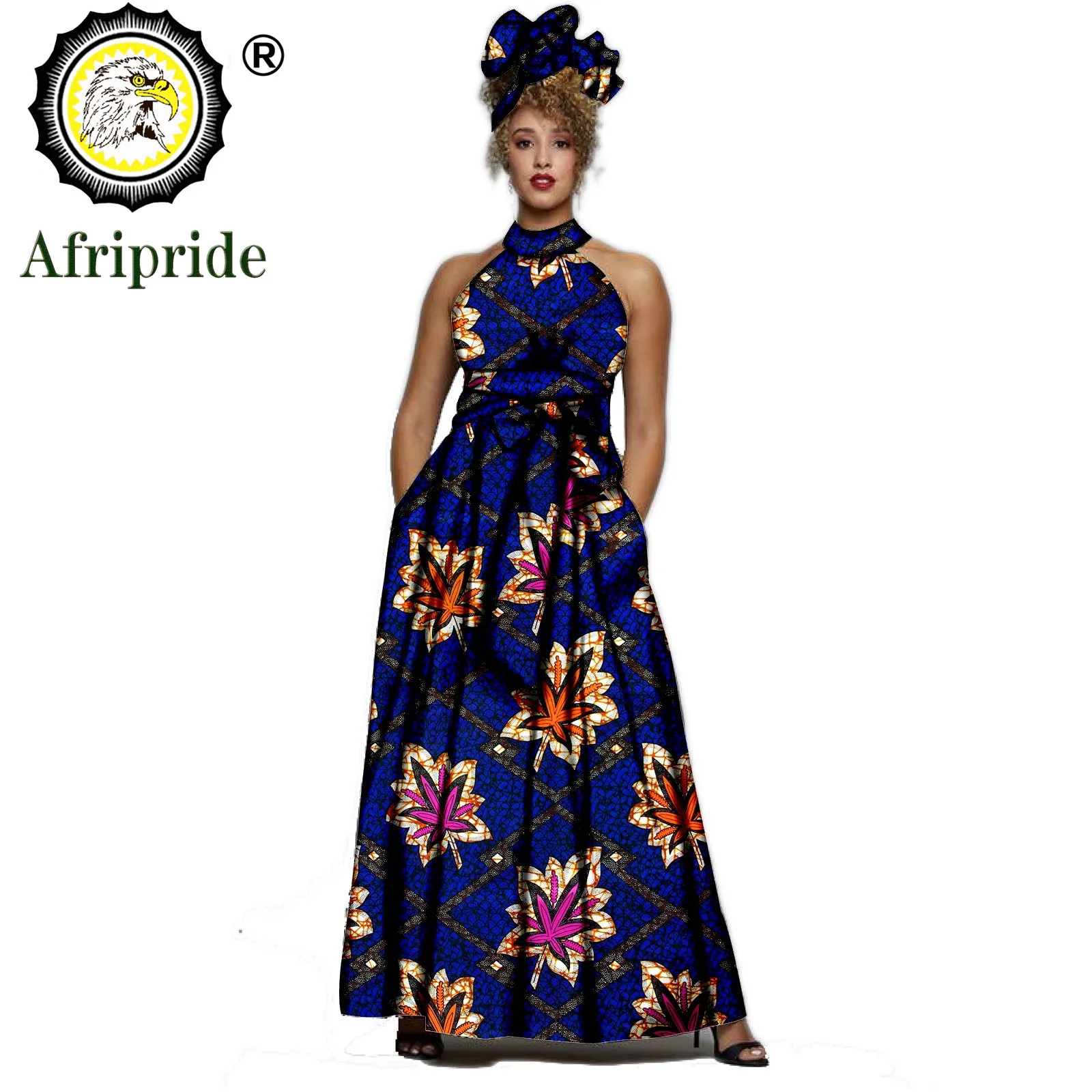 2019 AFRIPRIDE Afrika elbiseler kadınlar için Baskı Kolsuz Vintage Yay Halter Kat Uzunlukta Maxi elbiseler headscraf S1925014 Görüntü 1