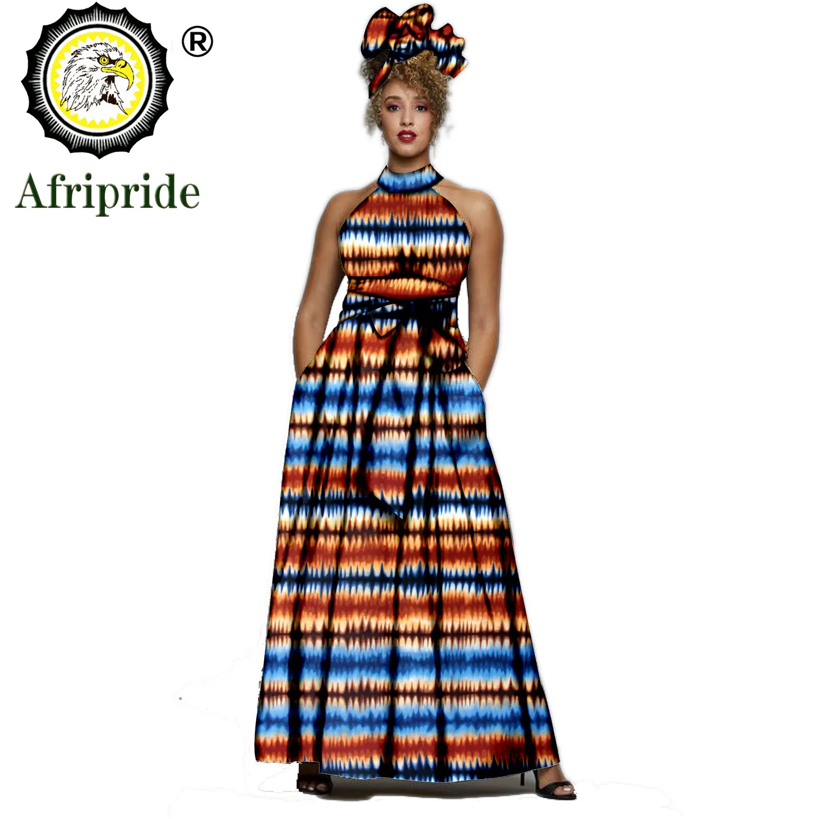 2019 AFRIPRIDE Afrika elbiseler kadınlar için Baskı Kolsuz Vintage Yay Halter Kat Uzunlukta Maxi elbiseler headscraf S1925014 Görüntü 2