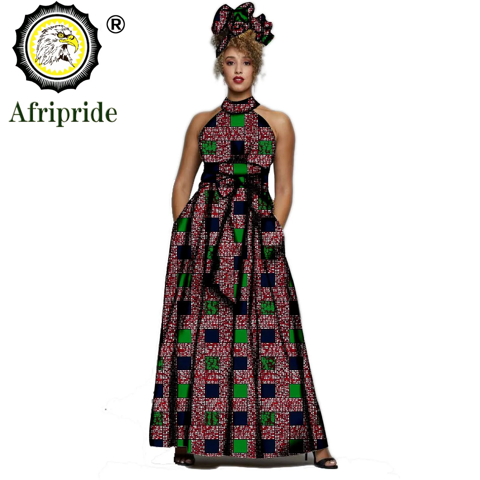 2019 AFRIPRIDE Afrika elbiseler kadınlar için Baskı Kolsuz Vintage Yay Halter Kat Uzunlukta Maxi elbiseler headscraf S1925014 Görüntü 3