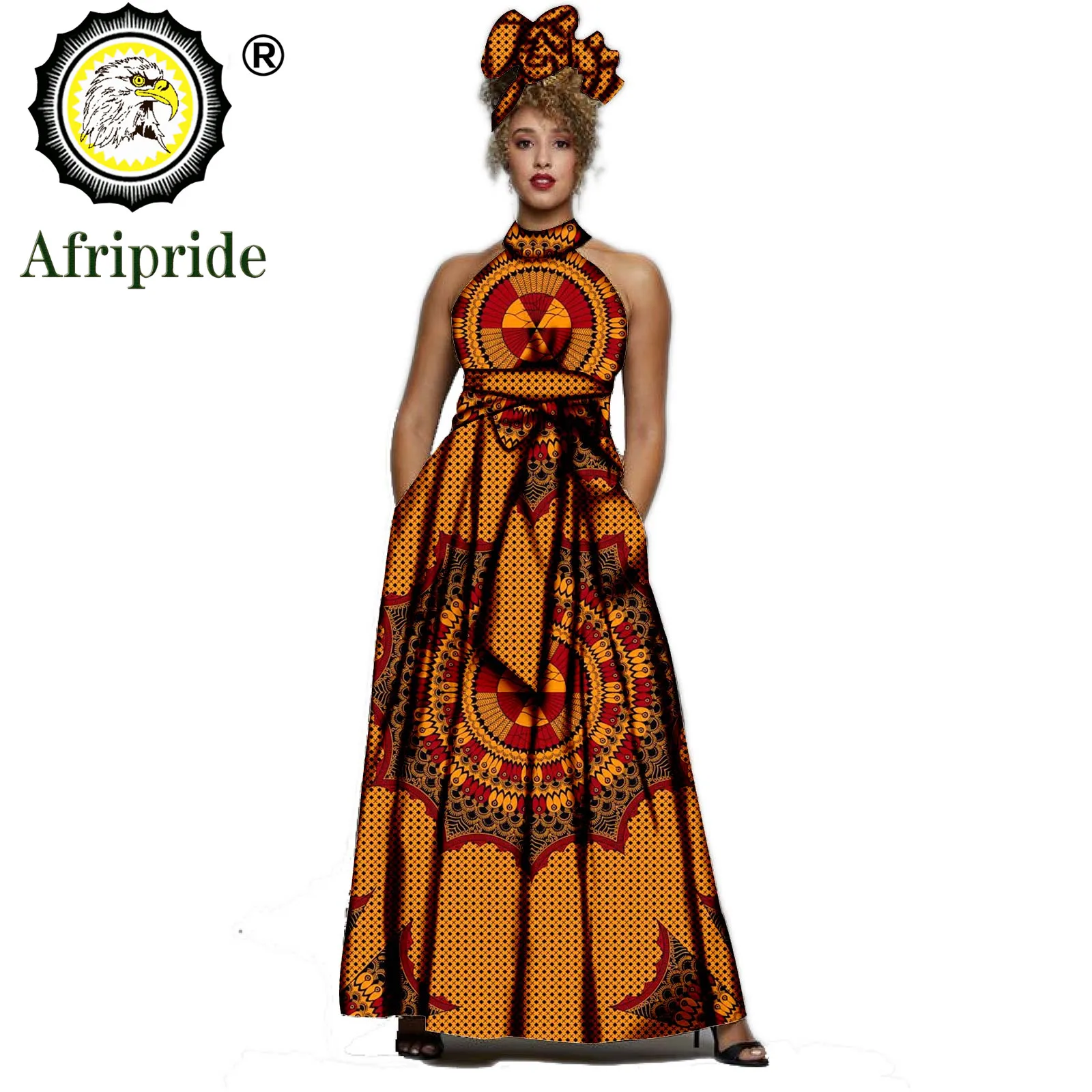 2019 AFRIPRIDE Afrika elbiseler kadınlar için Baskı Kolsuz Vintage Yay Halter Kat Uzunlukta Maxi elbiseler headscraf S1925014 Görüntü 4