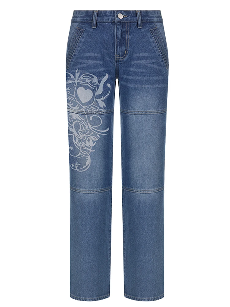 2022 90S dökümlü pantolon Harajuku Baskılı Kargo Kot Y2K Koyu Mavi Kahverengi Yüksek Bel Streetwear Kadın Pantolon Düz Geniş Bacak Kot Görüntü 2
