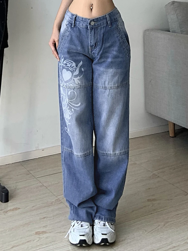 2022 90S dökümlü pantolon Harajuku Baskılı Kargo Kot Y2K Koyu Mavi Kahverengi Yüksek Bel Streetwear Kadın Pantolon Düz Geniş Bacak Kot Görüntü 3