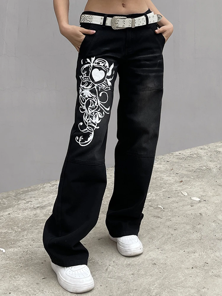 2022 90S dökümlü pantolon Harajuku Baskılı Kargo Kot Y2K Koyu Mavi Kahverengi Yüksek Bel Streetwear Kadın Pantolon Düz Geniş Bacak Kot Görüntü 4