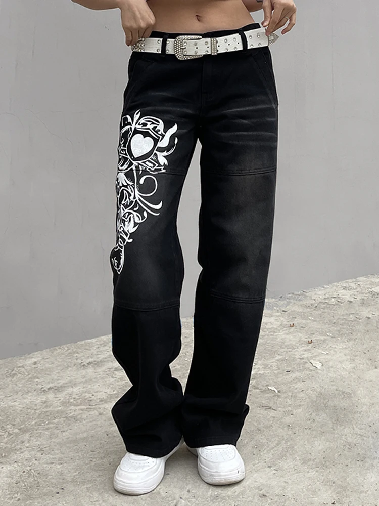 2022 90S dökümlü pantolon Harajuku Baskılı Kargo Kot Y2K Koyu Mavi Kahverengi Yüksek Bel Streetwear Kadın Pantolon Düz Geniş Bacak Kot Görüntü 5