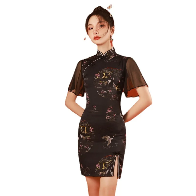 2022 Yaz Sonbahar Yeni Stil Feifei Kollu Ön Yarık Kısa Cheongsam Geleneksel Çin Modern Geliştirilmiş Qipao Elbise Kadınlar için Görüntü 4