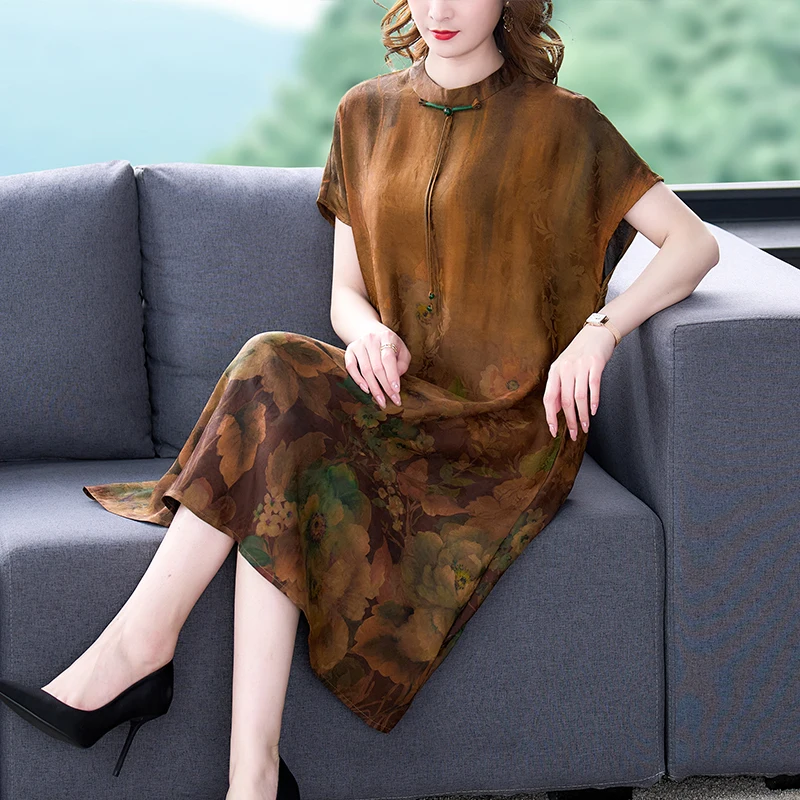 2022 Çiçek Doğal İpek Midi Elbise Kadınlar Zarif Gevşek Bel Artı Boyutu Elbise Yaz Kore Vintage Kısa Kollu Günlük Elbiseler Görüntü 2