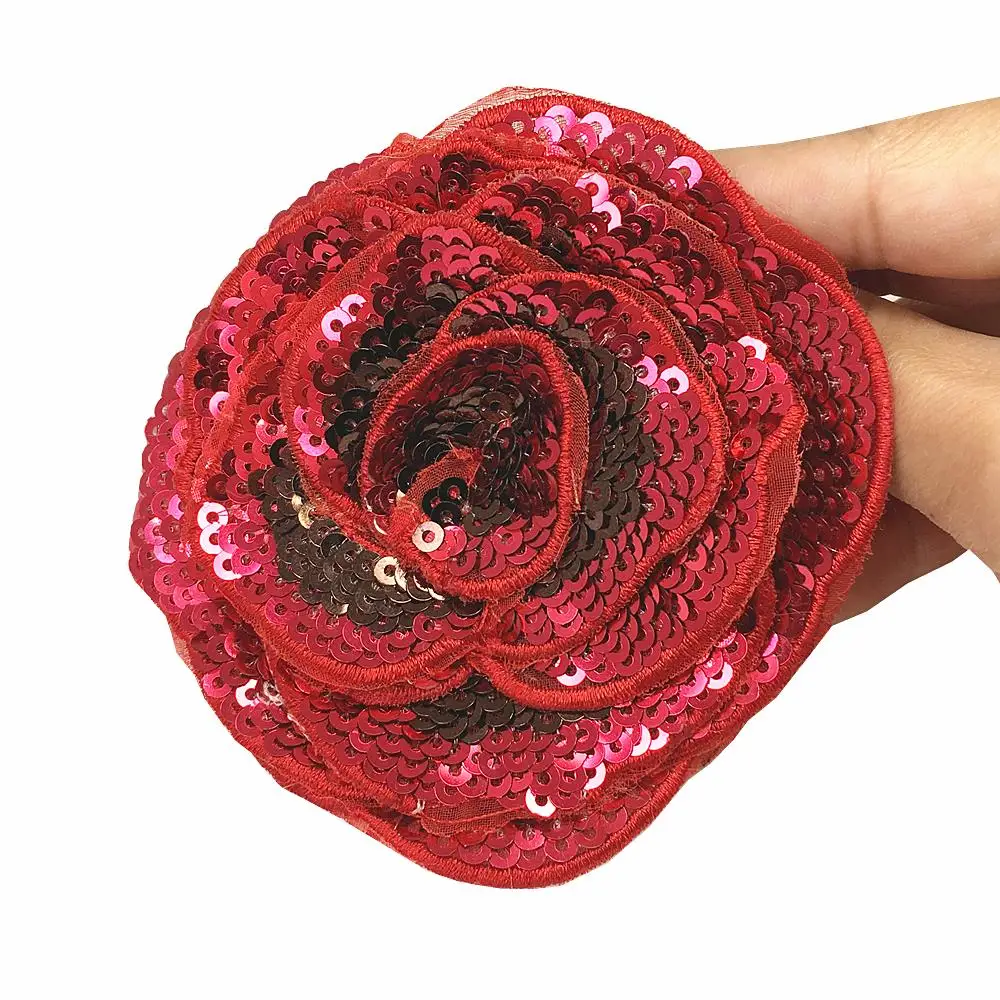 6 adet 3D Gül payet arma Kırmızı Çiçek Aplike Boncuklu Çiçekler Yamalar Dikmek İçin Giyim Kot Elbise Aplikler Yamalar AC1106 Görüntü 1