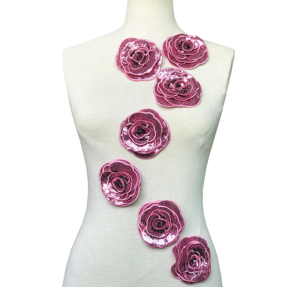 6 adet 3D Gül payet arma Kırmızı Çiçek Aplike Boncuklu Çiçekler Yamalar Dikmek İçin Giyim Kot Elbise Aplikler Yamalar AC1106 Görüntü 5
