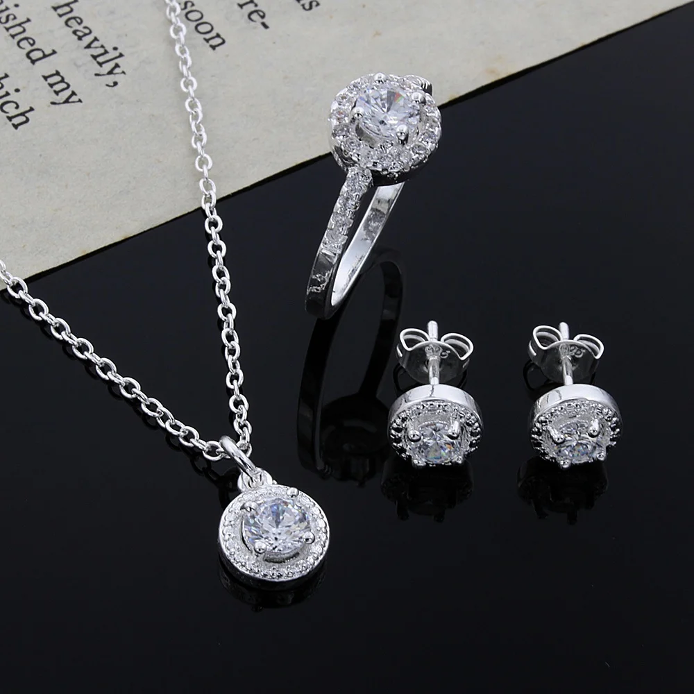 925 Ayar Gümüş Sevimli Katı noel hediyesi asil moda zarif kadınlar parlak kristal CZ kolye küpe yüzük takı seti Görüntü 1