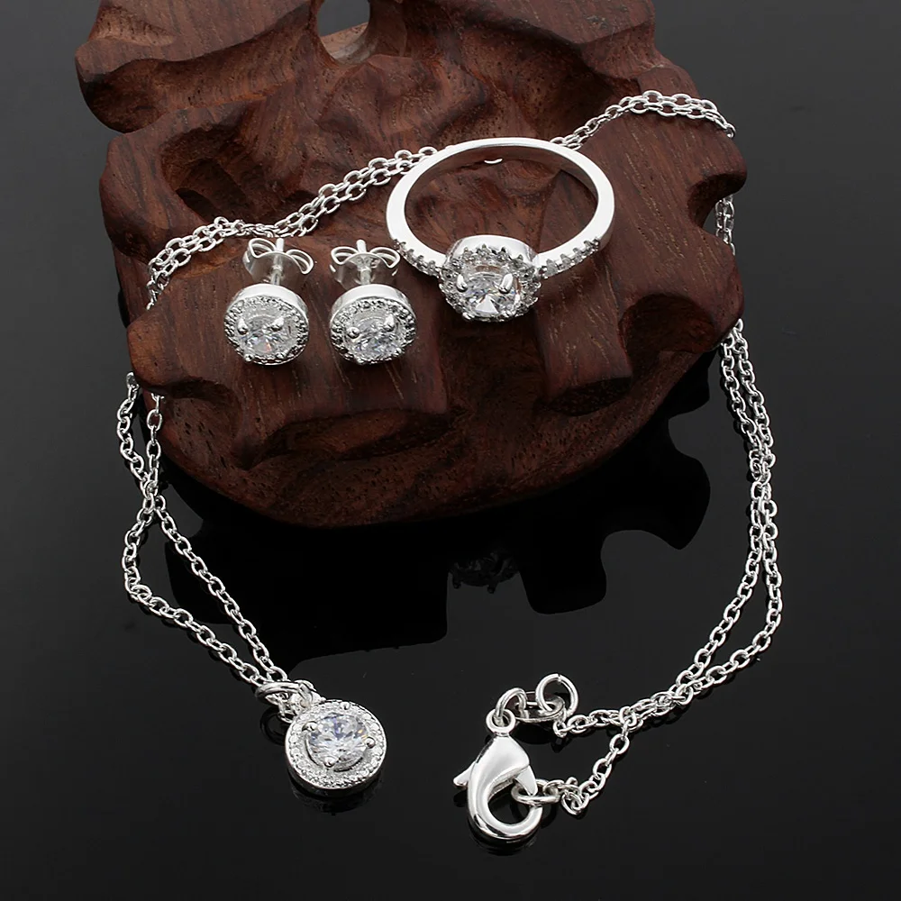 925 Ayar Gümüş Sevimli Katı noel hediyesi asil moda zarif kadınlar parlak kristal CZ kolye küpe yüzük takı seti Görüntü 2