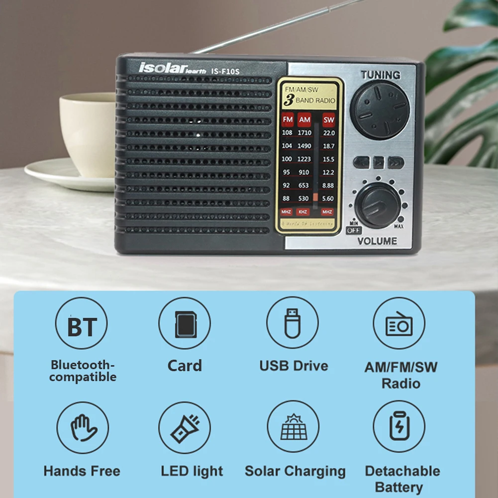 Acil Radyo Güneş Şarj Çok Bantlı Radyo FM / AM / SW Alıcı kablosuz bluetooth hoparlör TF/USB Müzik Çalar El Feneri ile Görüntü 3
