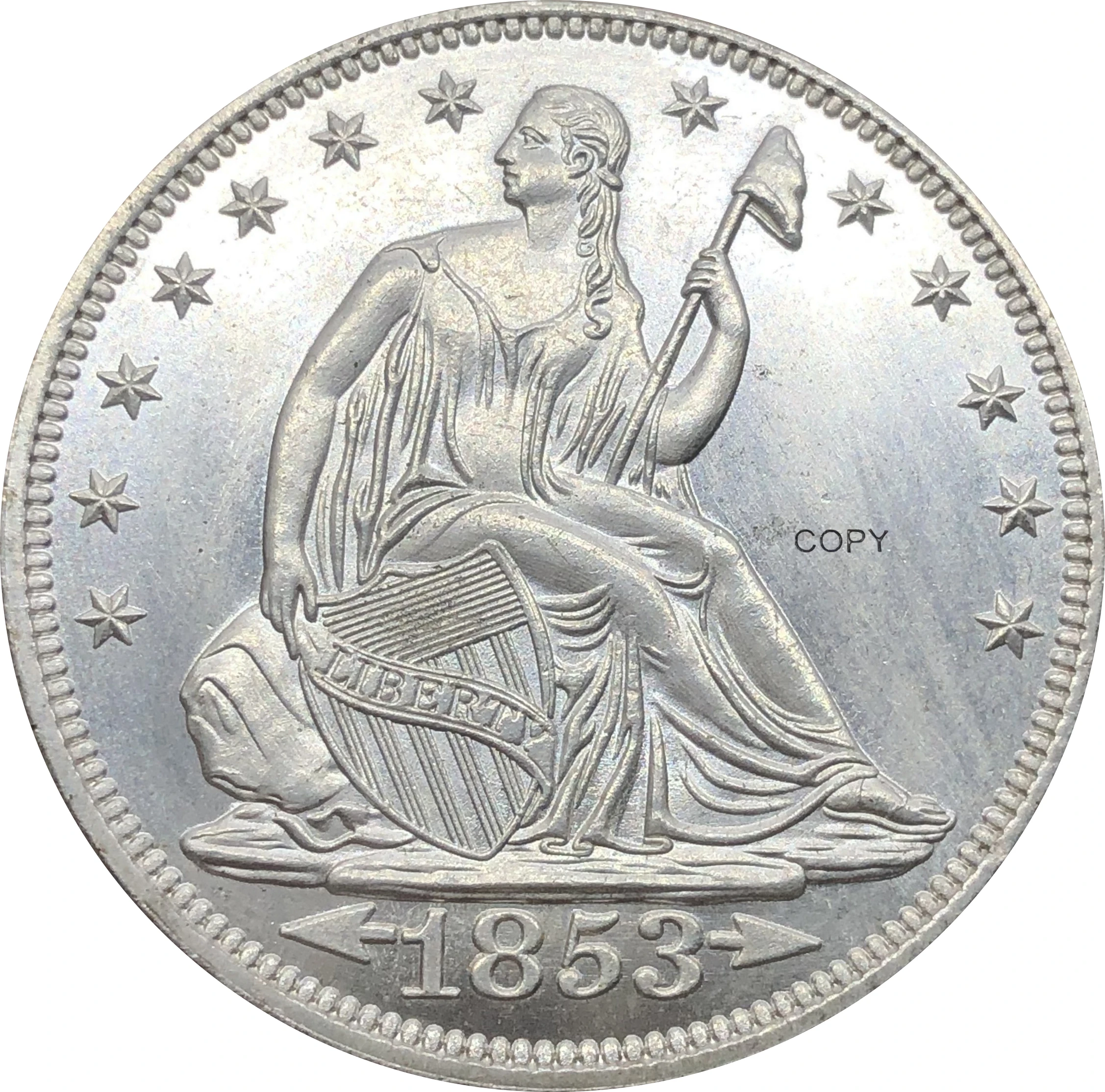 Amerika Birleşik Devletleri ABD 1853 ½ Dolar Oturmalı Özgürlük Yarım Dolar Cupronickel Gümüş Kaplama Altında Kartal Kopya Para Hiçbir Sloganı Görüntü 2