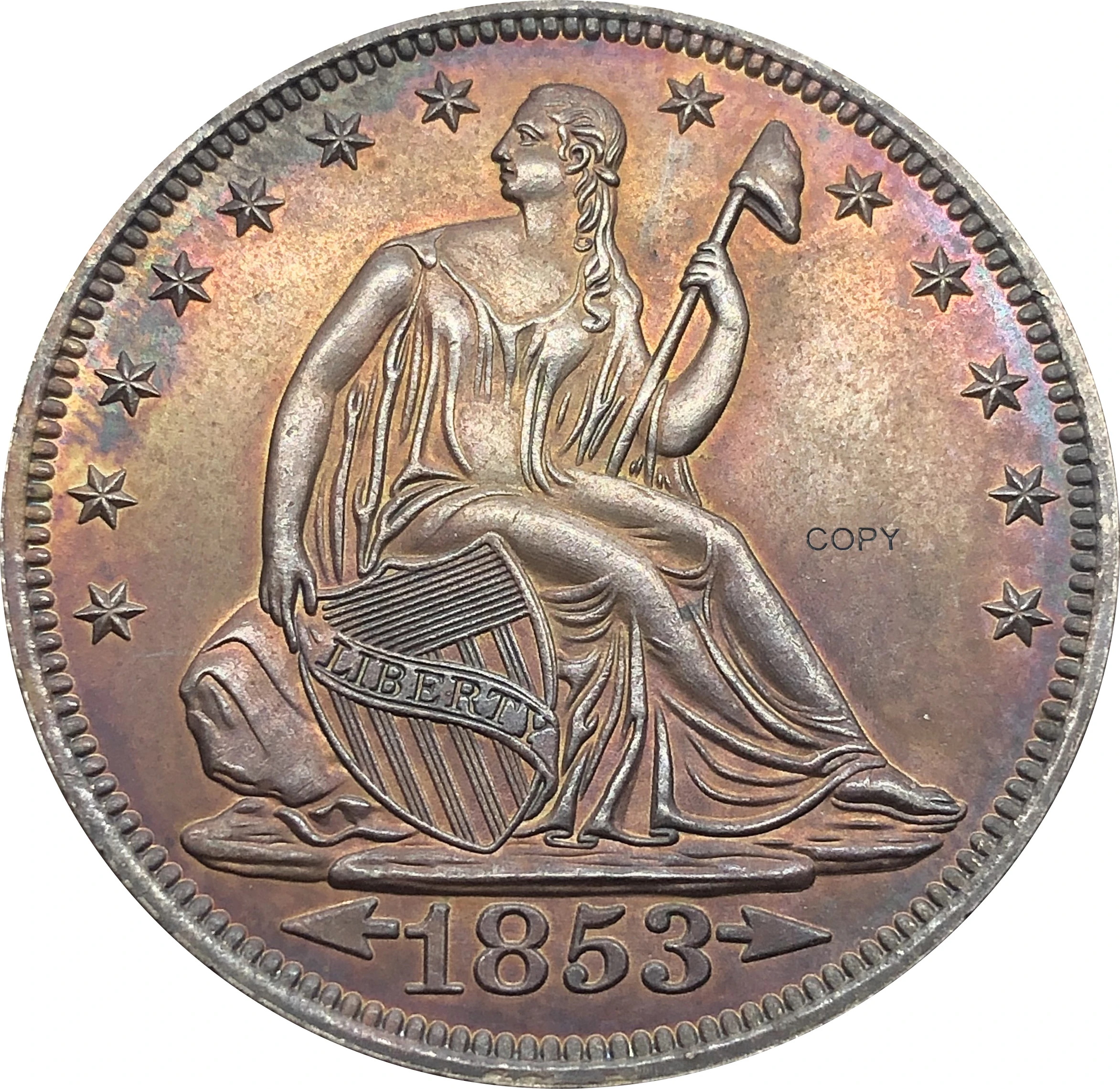 Amerika Birleşik Devletleri ABD 1853 ½ Dolar Oturmalı Özgürlük Yarım Dolar Cupronickel Gümüş Kaplama Altında Kartal Kopya Para Hiçbir Sloganı Görüntü 4