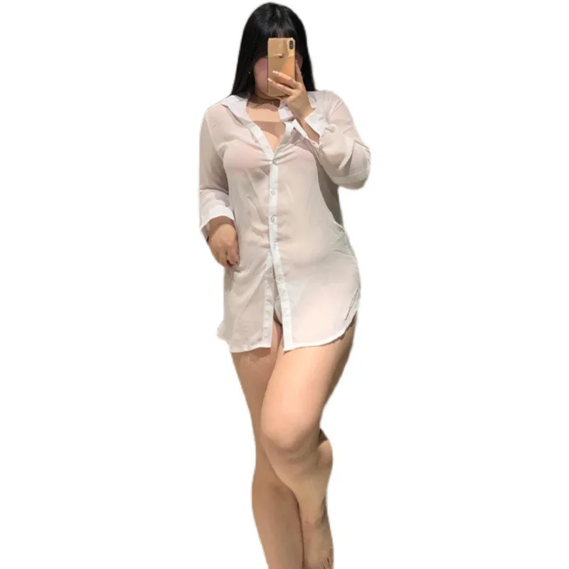 Artı boyutu şişman kız 100kg beyaz gömlek sevgilisi iç çamaşırı seksi pijama fantezi iç çamaşırı kız öğrenci kostüm hizmetçi kostüm zevk eroti Görüntü 4