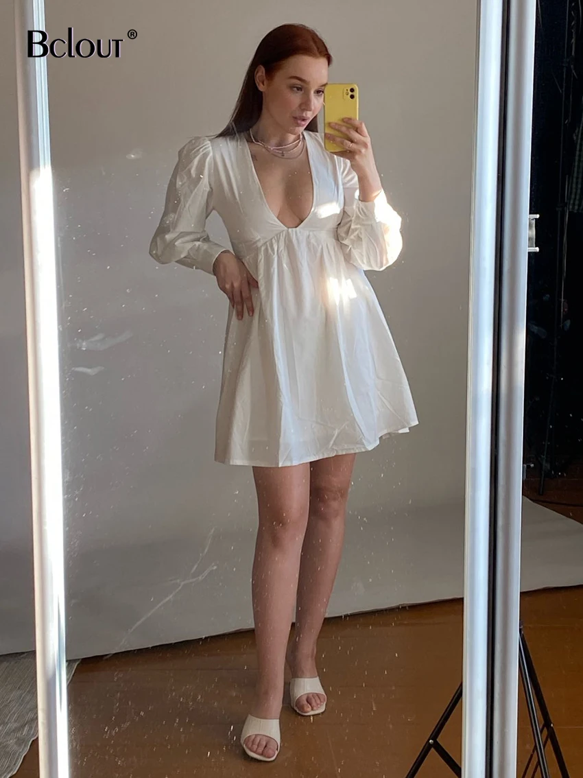 Bclout Yaz Pamuk Beyaz Elbise Kadın 2022 Rahat V Boyun Puf Kollu A-Line Seksi Mini Elbiseler Moda Siyah Parti Elbiseler Kadın Görüntü 2