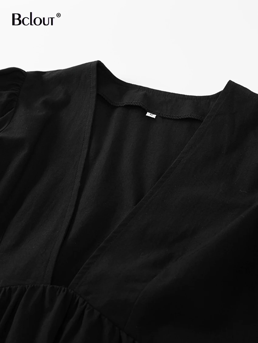 Bclout Yaz Pamuk Beyaz Elbise Kadın 2022 Rahat V Boyun Puf Kollu A-Line Seksi Mini Elbiseler Moda Siyah Parti Elbiseler Kadın Görüntü 4