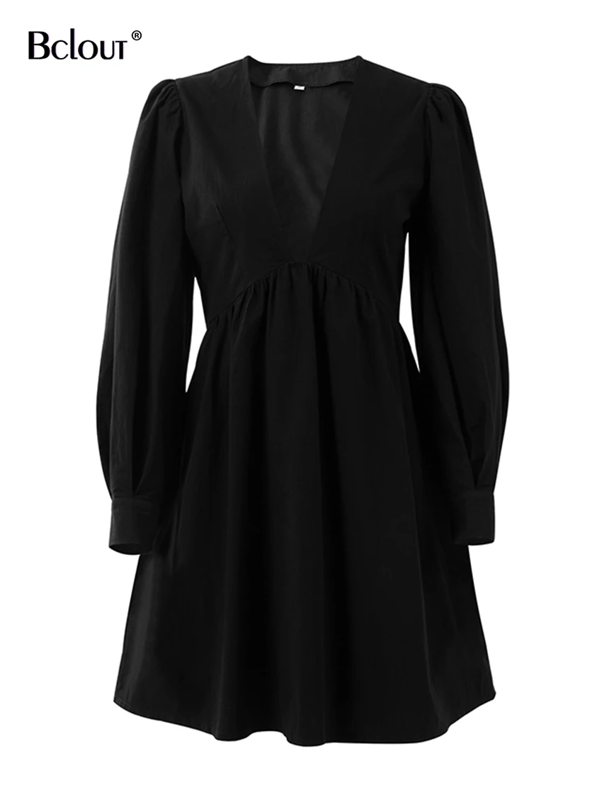 Bclout Yaz Pamuk Beyaz Elbise Kadın 2022 Rahat V Boyun Puf Kollu A-Line Seksi Mini Elbiseler Moda Siyah Parti Elbiseler Kadın Görüntü 5