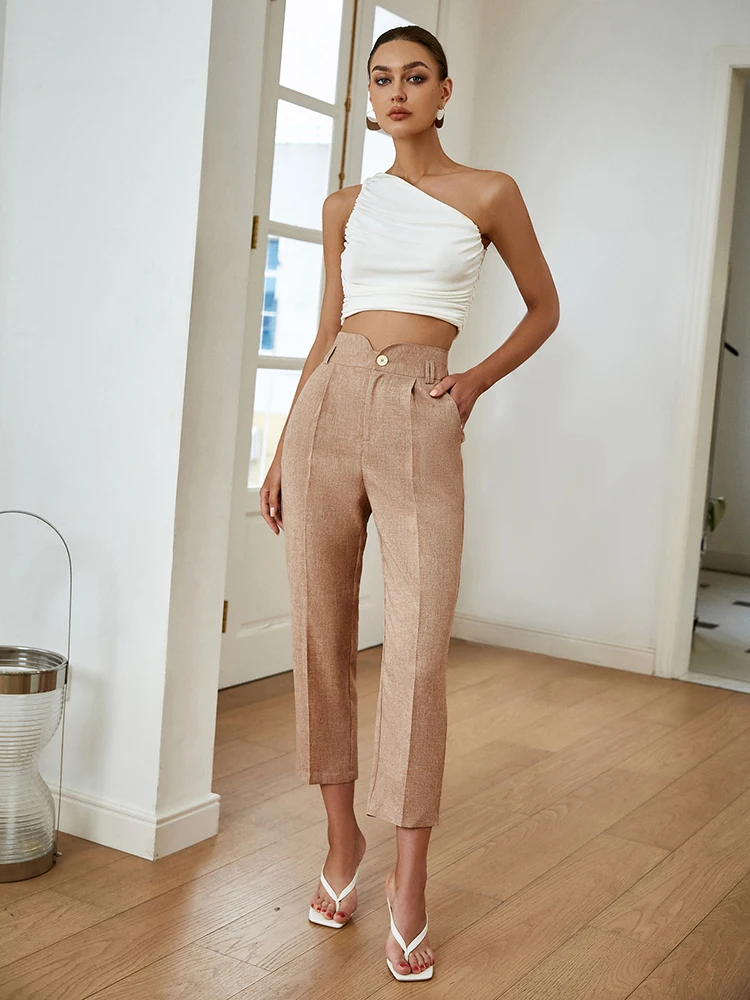 BerryGo Yüksek sokak haki yüksek bel rahat pantolon kadın Moda cep iş pantolon ofis bayan 2022 Yaz yeni katı harem pantolon Görüntü 1