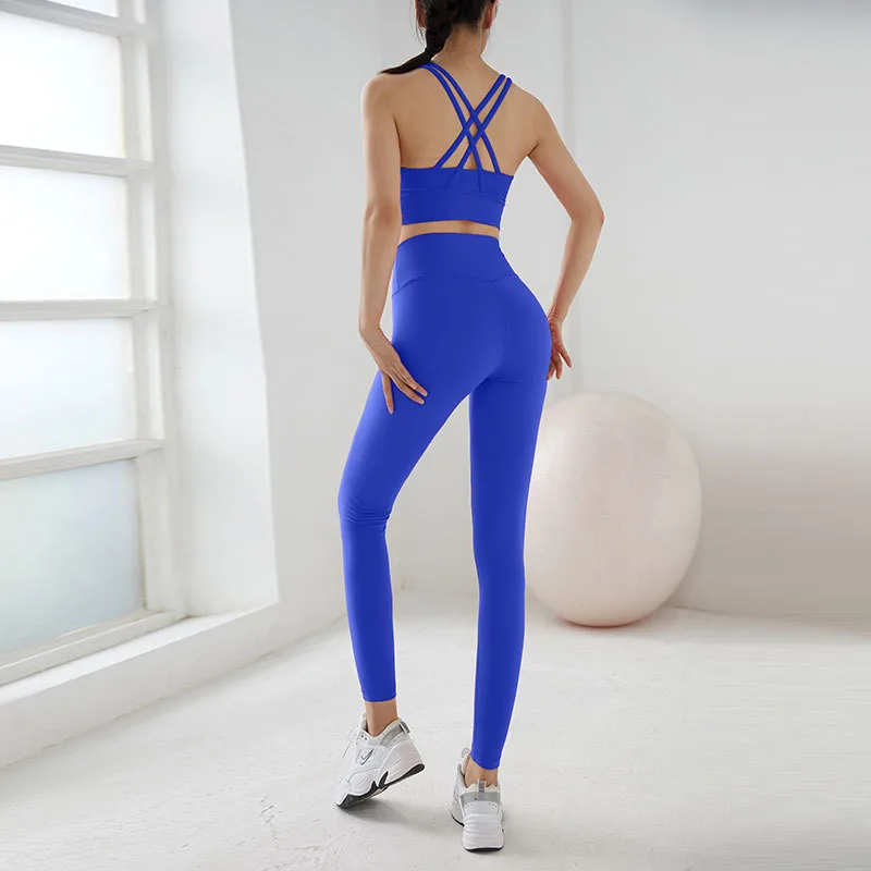 Düz Renk Spor Salonu Spor Yoga Seti Yumuşak Çapraz Geri Spor Sutyeni + tayt İki Parçalı Takım Elbise Kadın Eşofman Kapsamlı Eğitim Jog Görüntü 4