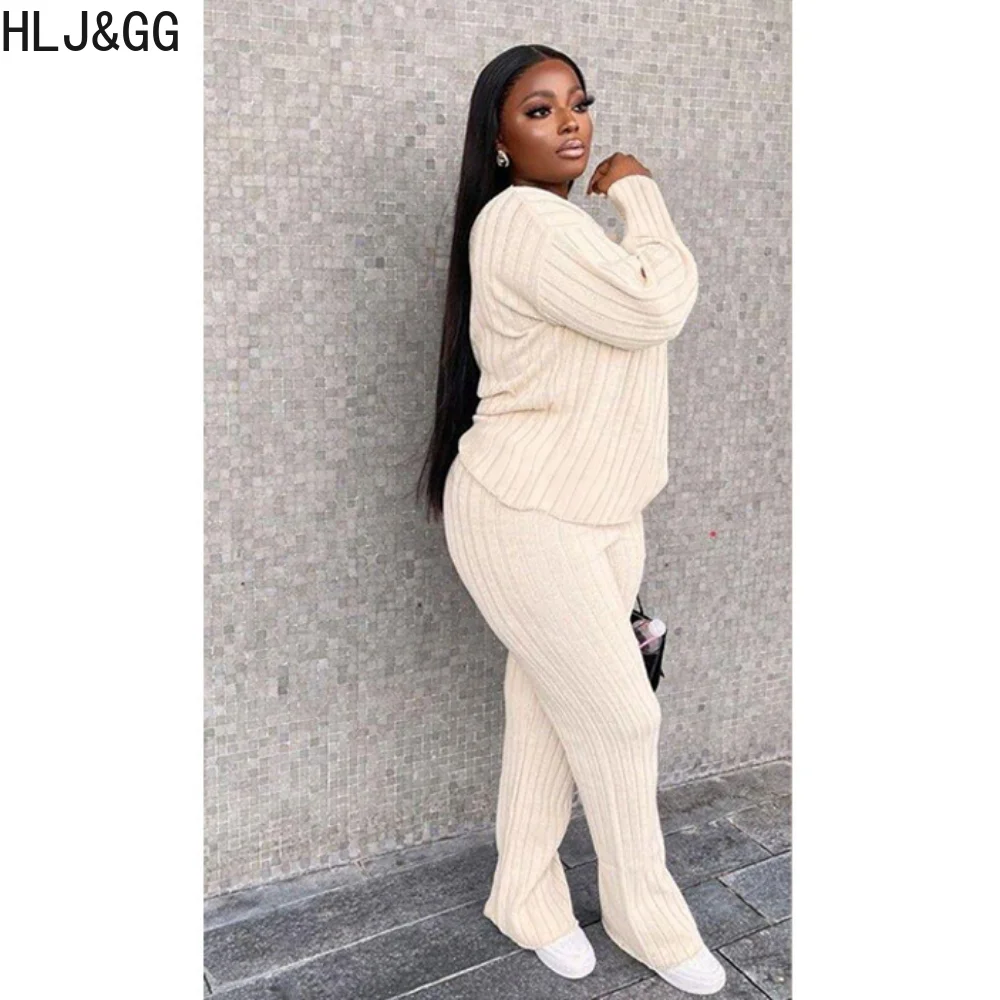 HLJ & GG Moda Rahat Örgü Iki Parçalı Setleri Kadın Kıyafetleri Kadın Düz Renk Uzun Kollu Kazak + Pantolon Eşleşen Takım Elbise Kış Görüntü 1