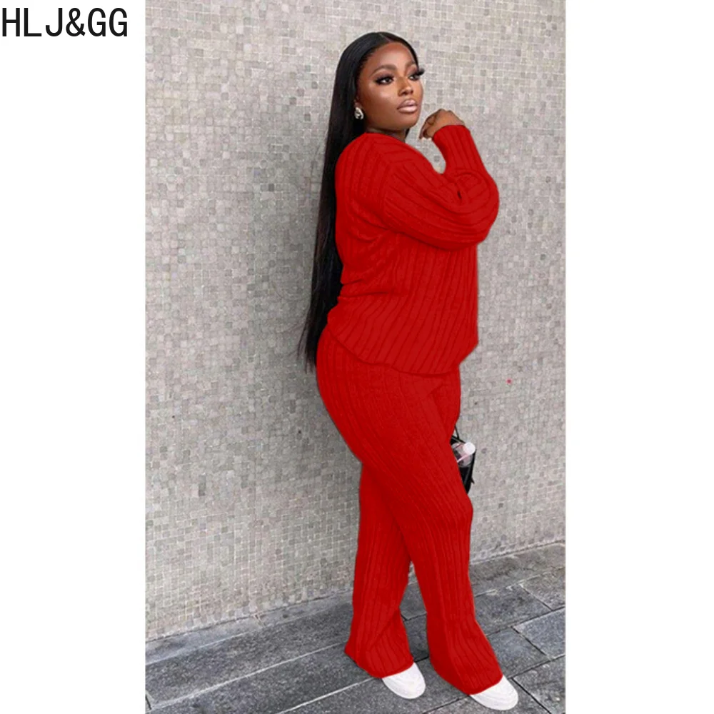 HLJ & GG Moda Rahat Örgü Iki Parçalı Setleri Kadın Kıyafetleri Kadın Düz Renk Uzun Kollu Kazak + Pantolon Eşleşen Takım Elbise Kış Görüntü 3