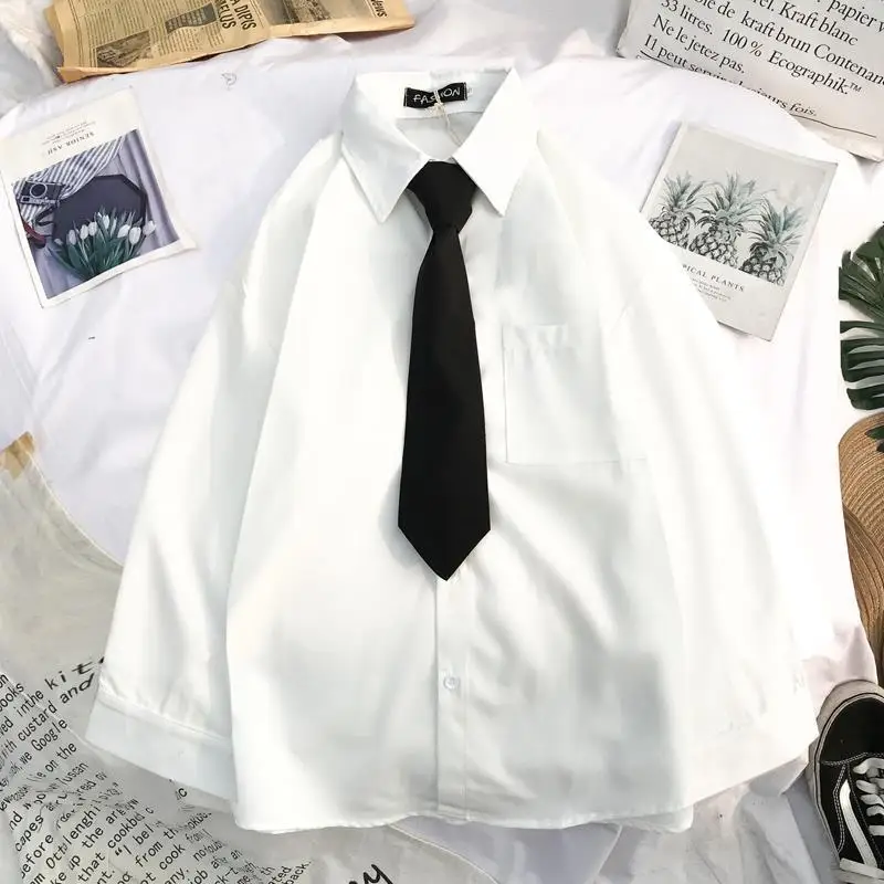 Japon Kolej Şık Rahat Kadın Bluz Tatlı Öğrenci Kız Beyaz Gömlek Casual Yaka Yaka Kısa Kollu İş Okul Üstleri 3XL Görüntü 1