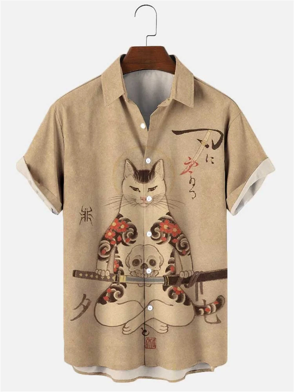 Japon Samurai Kedi yazlık gömlek 3d Baskı erkek havai gömleği Komik Hayvan erkek Gömlek Kısa Kollu Gevşek Üst Gömlek Erkekler İçin Görüntü 1