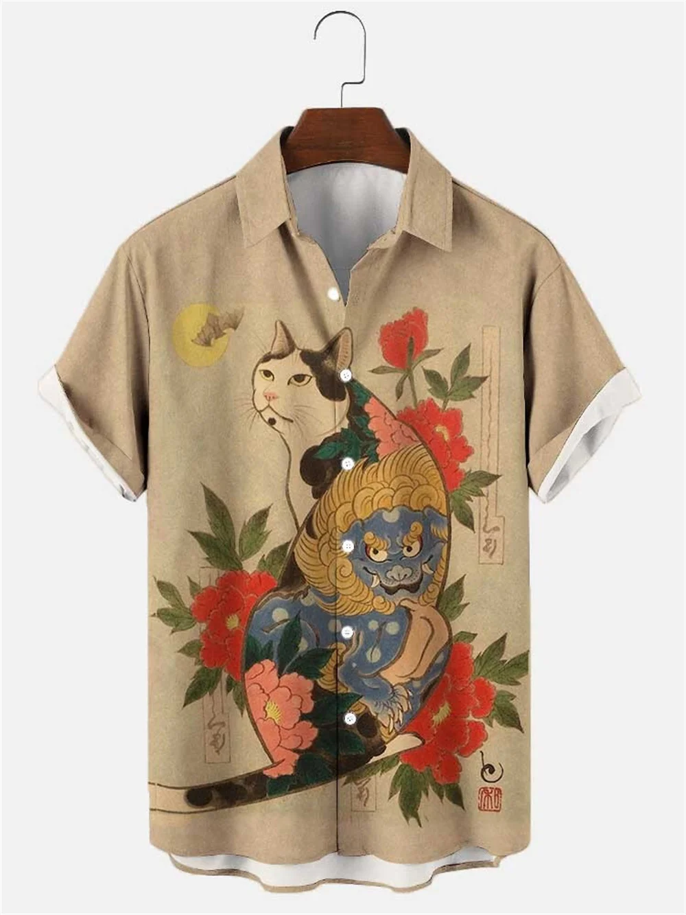 Japon Samurai Kedi yazlık gömlek 3d Baskı erkek havai gömleği Komik Hayvan erkek Gömlek Kısa Kollu Gevşek Üst Gömlek Erkekler İçin Görüntü 2