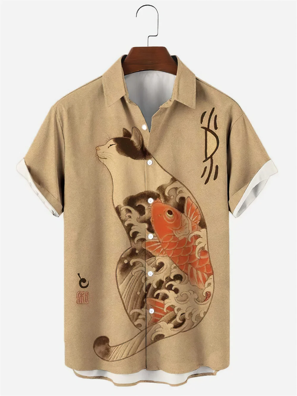 Japon Samurai Kedi yazlık gömlek 3d Baskı erkek havai gömleği Komik Hayvan erkek Gömlek Kısa Kollu Gevşek Üst Gömlek Erkekler İçin Görüntü 3