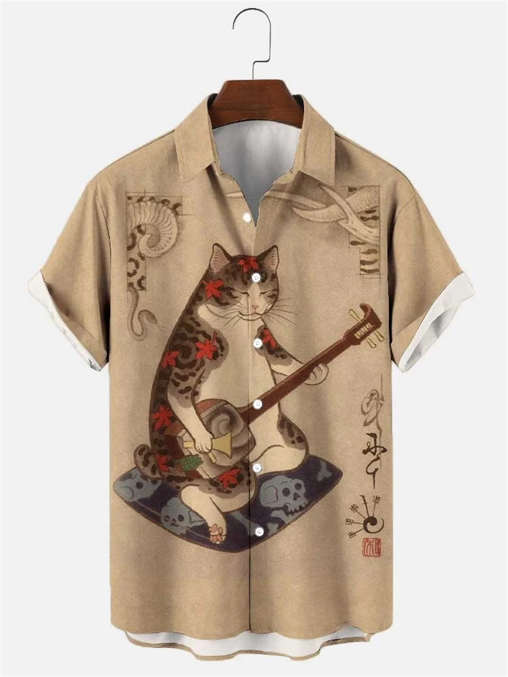 Japon Samurai Kedi yazlık gömlek 3d Baskı erkek havai gömleği Komik Hayvan erkek Gömlek Kısa Kollu Gevşek Üst Gömlek Erkekler İçin Görüntü 4