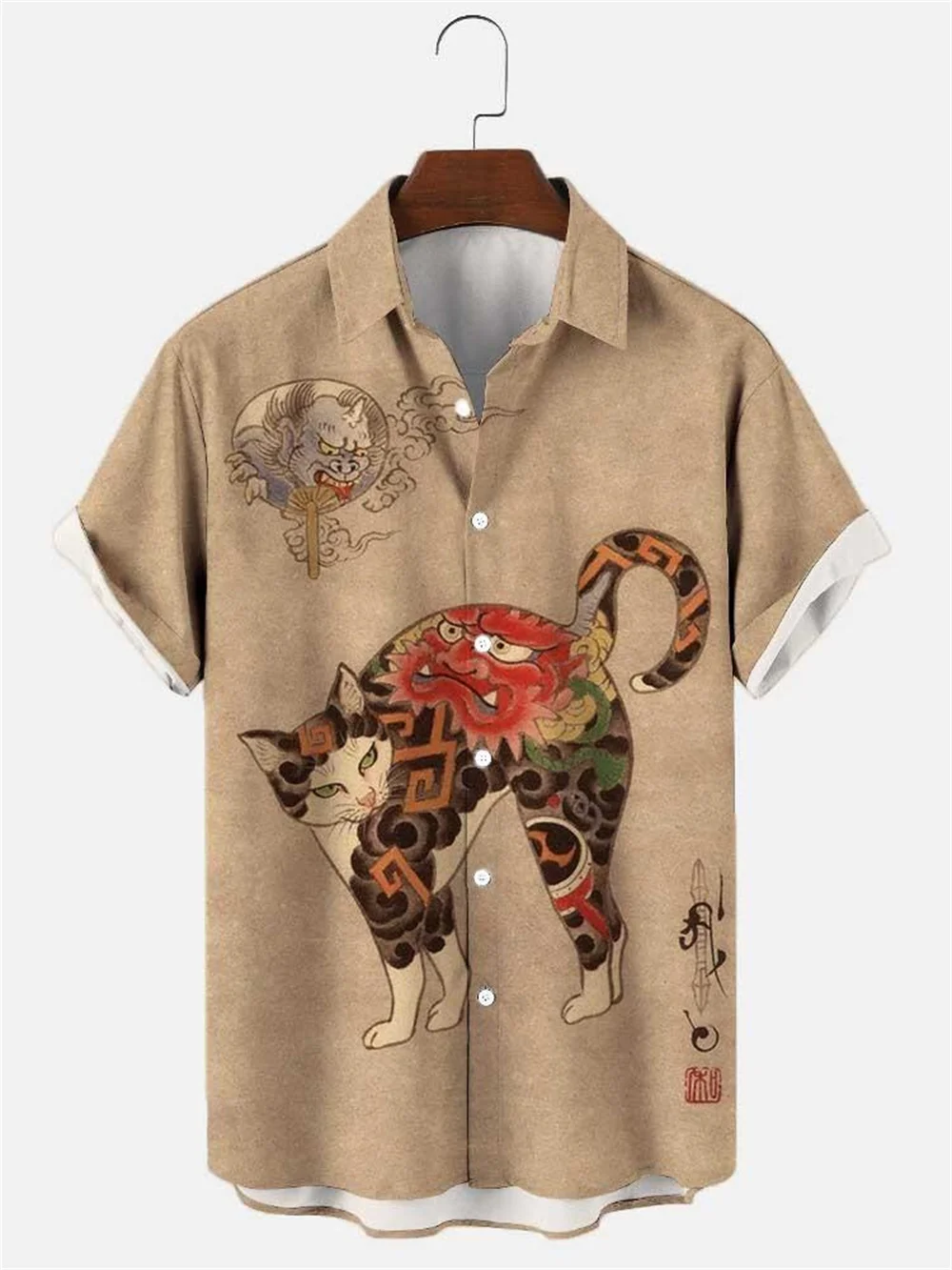 Japon Samurai Kedi yazlık gömlek 3d Baskı erkek havai gömleği Komik Hayvan erkek Gömlek Kısa Kollu Gevşek Üst Gömlek Erkekler İçin Görüntü 5