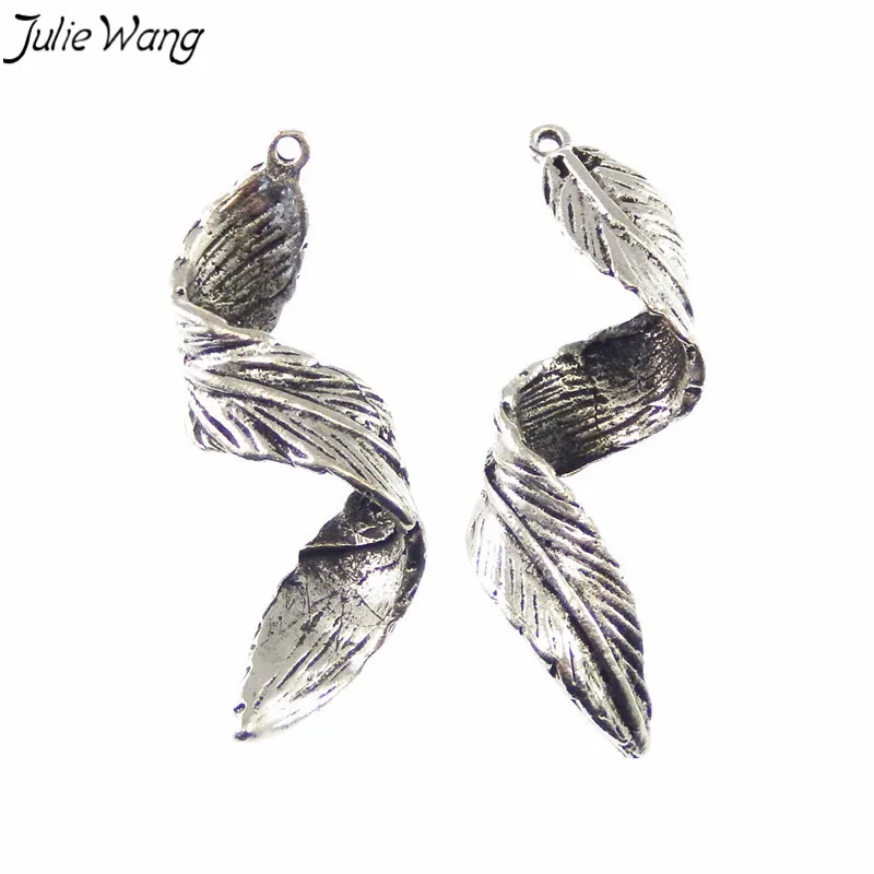 Julie Wang 10 ADET Toptan Antik Gümüş Renk Alaşım Kolye Büküm Yaprak Charms Bırak Küpe Benzersiz Anahtarlık Takı DIY Bulma Görüntü 1