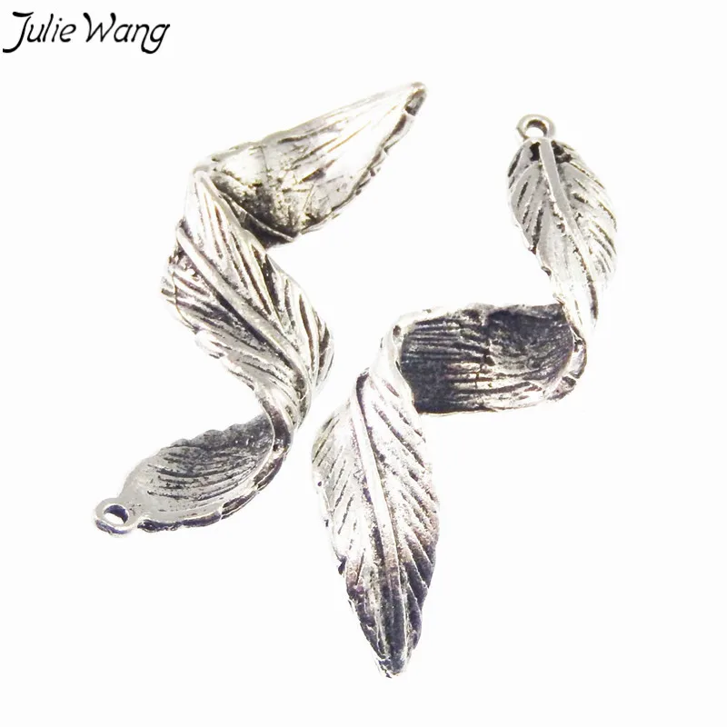 Julie Wang 10 ADET Toptan Antik Gümüş Renk Alaşım Kolye Büküm Yaprak Charms Bırak Küpe Benzersiz Anahtarlık Takı DIY Bulma Görüntü 2
