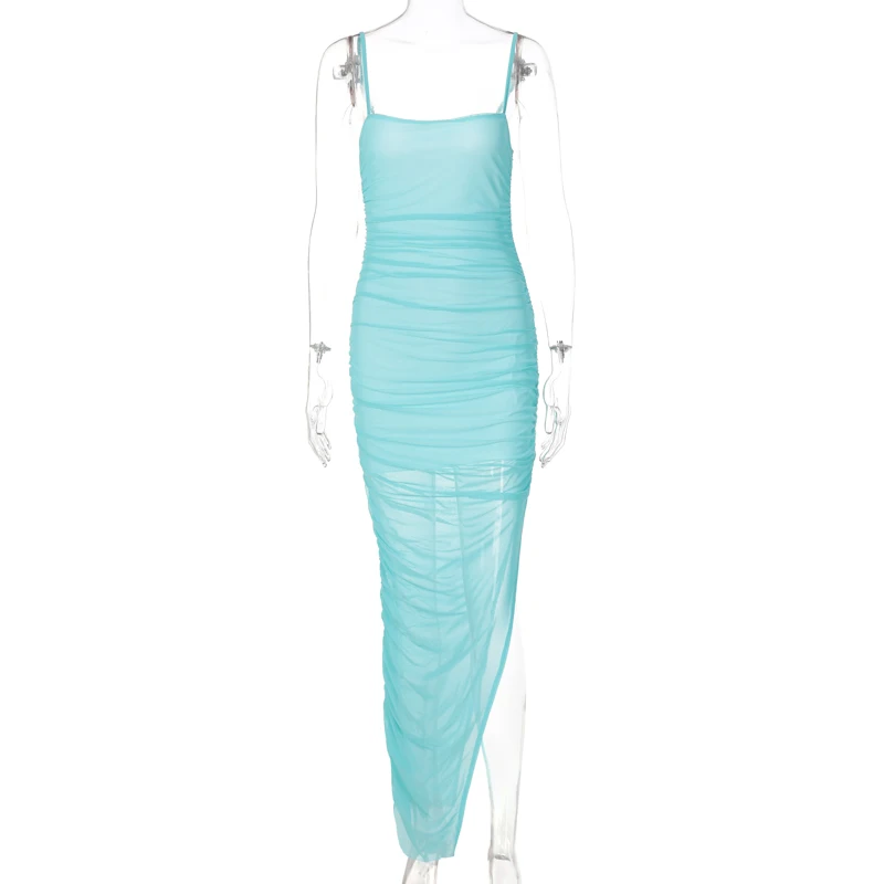 Kadın file sutyen İnce Kayma Elbise Yaz Kadın Eğlence Tarzı Düz Renk Mikro perspektif Dantelli Kolsuz Bölünmüş uzun elbise Görüntü 3