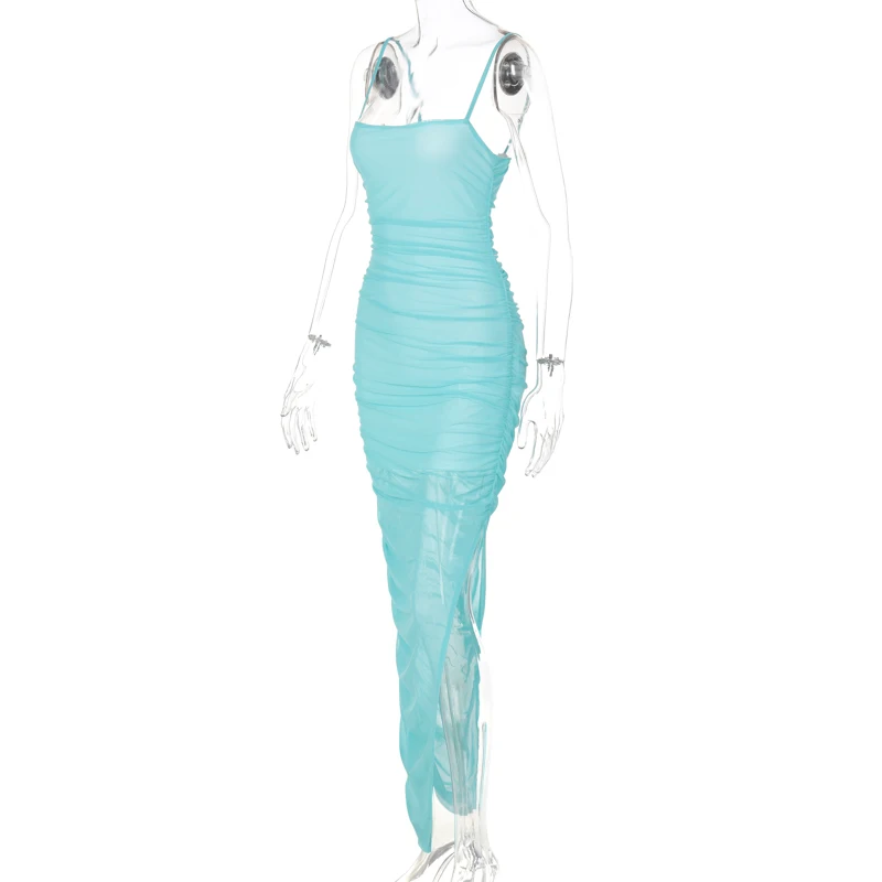 Kadın file sutyen İnce Kayma Elbise Yaz Kadın Eğlence Tarzı Düz Renk Mikro perspektif Dantelli Kolsuz Bölünmüş uzun elbise Görüntü 4