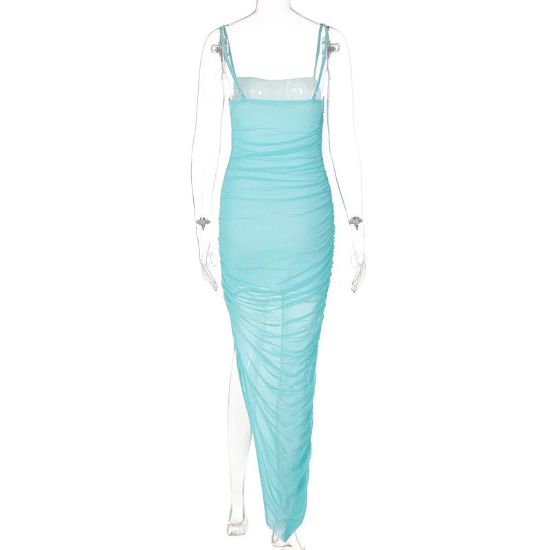 Kadın file sutyen İnce Kayma Elbise Yaz Kadın Eğlence Tarzı Düz Renk Mikro perspektif Dantelli Kolsuz Bölünmüş uzun elbise Görüntü 5