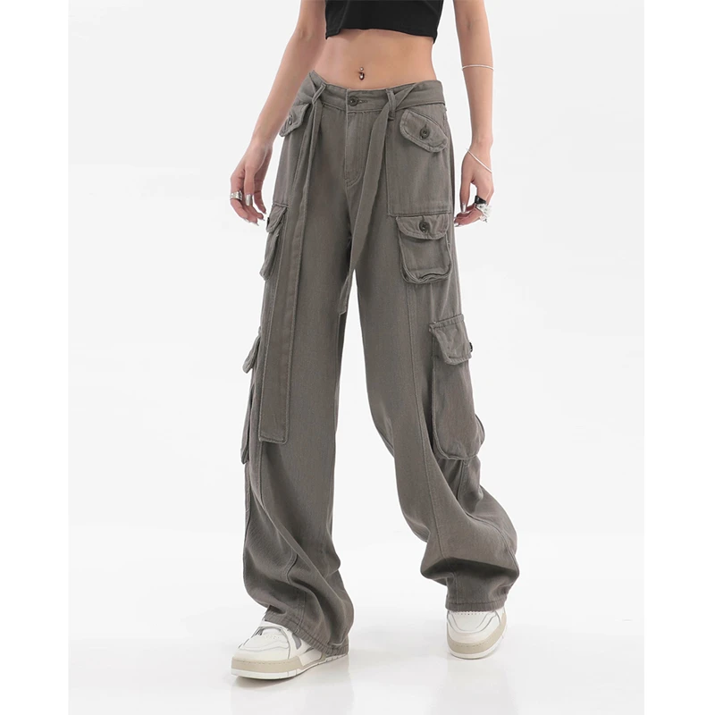 Kadın Kargo Kot Vintage Sokak Çoklu Cepler Yüksek Bel Rahat Moda Geniş Bacak Pantolon Baggy Bayanlar Denim Pantolon Yaz Görüntü 1