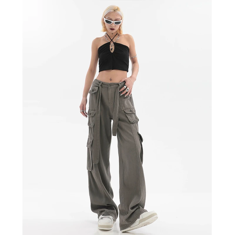 Kadın Kargo Kot Vintage Sokak Çoklu Cepler Yüksek Bel Rahat Moda Geniş Bacak Pantolon Baggy Bayanlar Denim Pantolon Yaz Görüntü 2