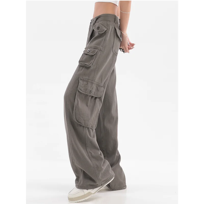Kadın Kargo Kot Vintage Sokak Çoklu Cepler Yüksek Bel Rahat Moda Geniş Bacak Pantolon Baggy Bayanlar Denim Pantolon Yaz Görüntü 4