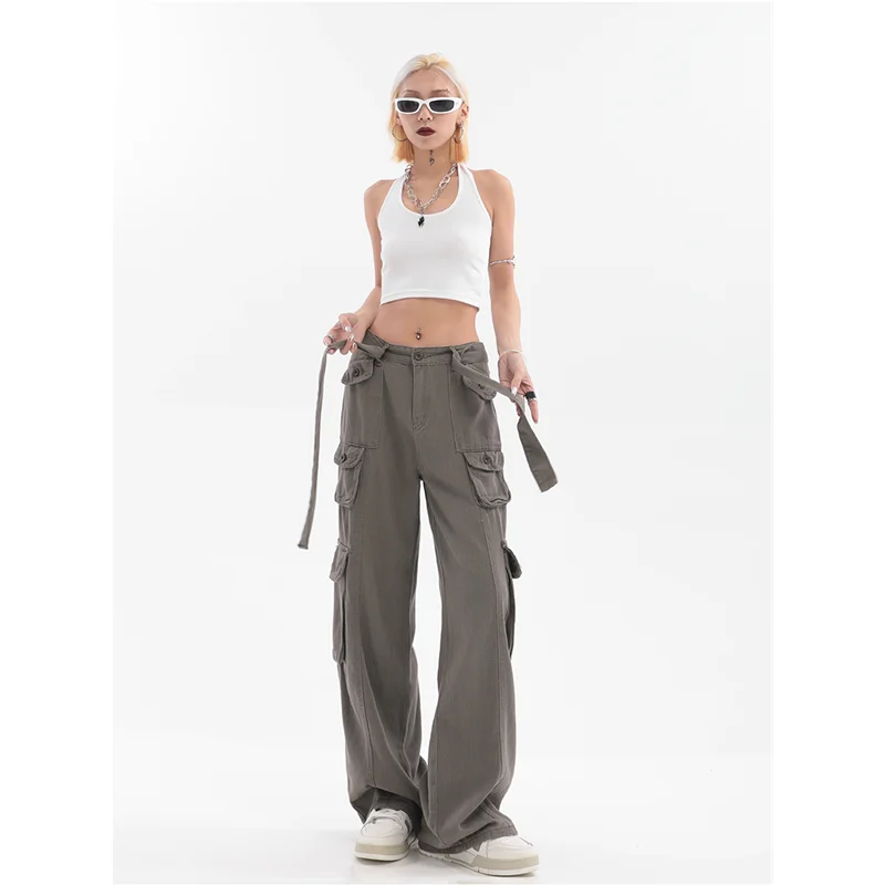 Kadın Kargo Kot Vintage Sokak Çoklu Cepler Yüksek Bel Rahat Moda Geniş Bacak Pantolon Baggy Bayanlar Denim Pantolon Yaz Görüntü 5