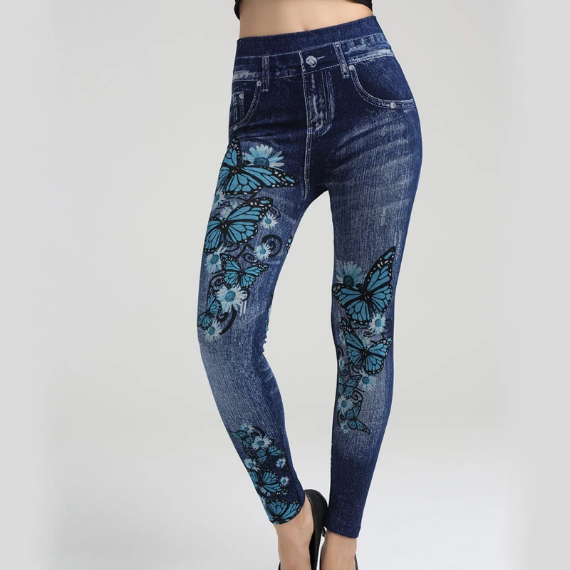 Kadın Tayt Baskı kalem pantolon Sonbahar Ve Kış Rahat Yeni Elastik Moda Yüksek Bel Sahte Kot Tayt 2XL Görüntü 2