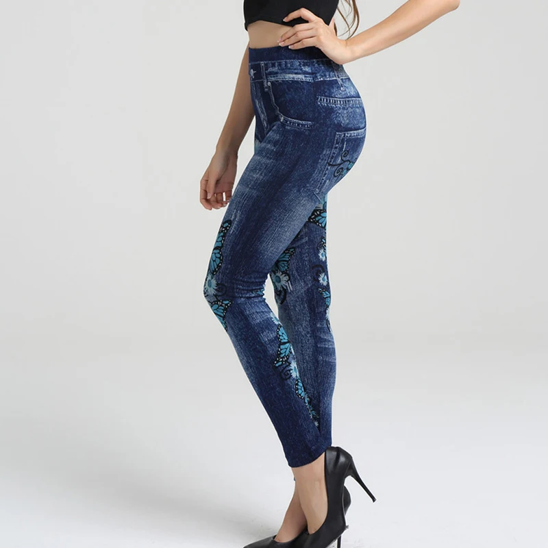 Kadın Tayt Baskı kalem pantolon Sonbahar Ve Kış Rahat Yeni Elastik Moda Yüksek Bel Sahte Kot Tayt 2XL Görüntü 3