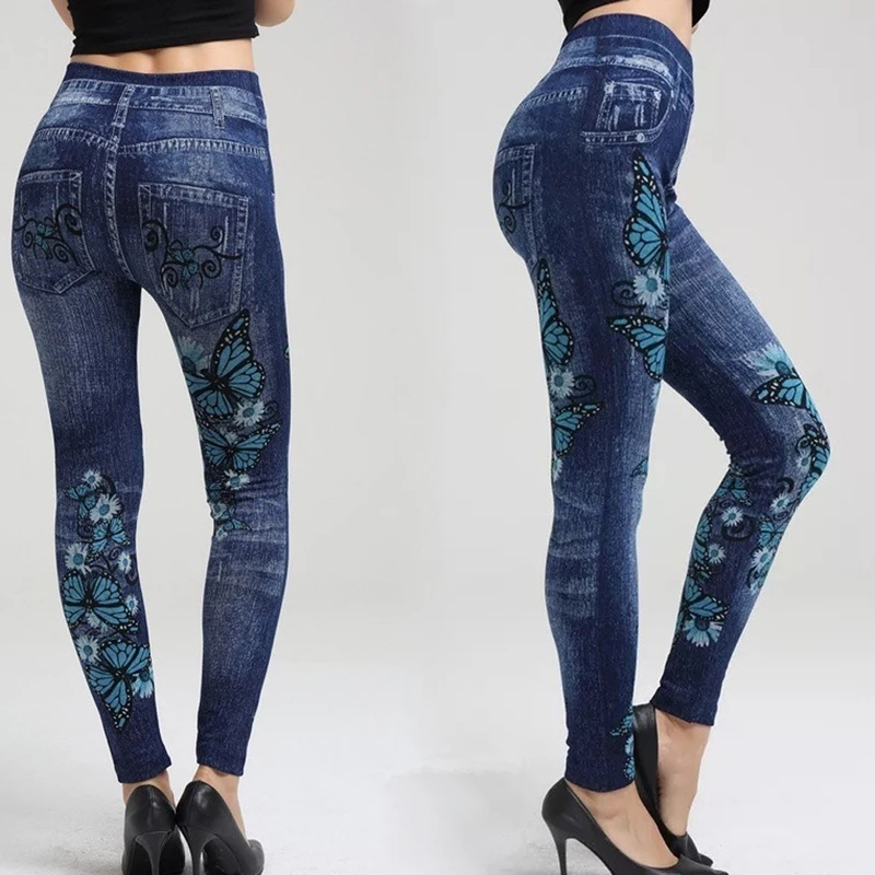 Kadın Tayt Baskı kalem pantolon Sonbahar Ve Kış Rahat Yeni Elastik Moda Yüksek Bel Sahte Kot Tayt 2XL Görüntü 5