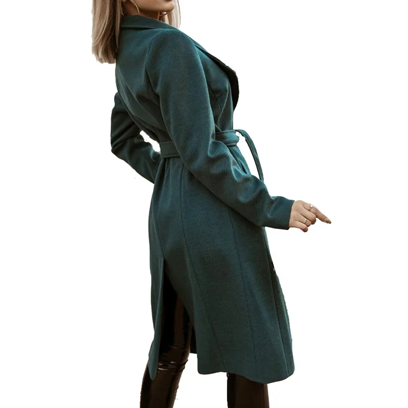 Kadınlar Zarif Uzun Ceket Kemer İle Düz Renk Uzun Kollu Giyim Turn Down Yaka Zarif Ceket Bayanlar Damla Omuz Palto Görüntü 4