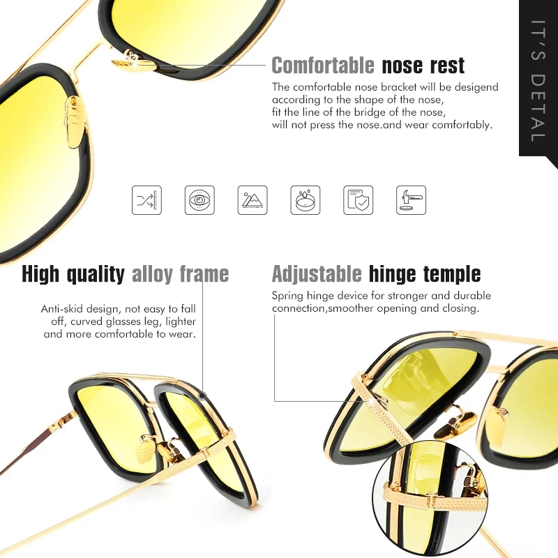 Kare Vintage Tasarımcı Buhar Punk Tony Stark Fotokromik Güneş Gözlüğü Erkekler için Sarı Lens sürüş gözlükleri Oculos De Sol Gözlük Görüntü 3