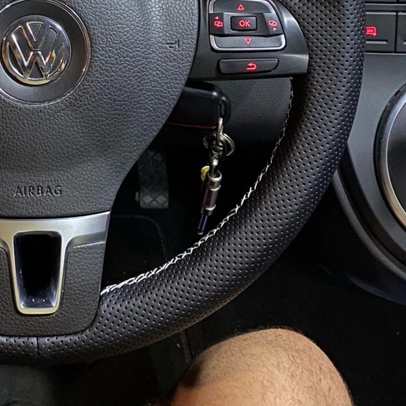 Kaymaz Siyah Hakiki deri Araba direksiyon Örgü Kapak Volkswagen Golf 6 İçin Mk6 VW Polo Sagitar Bora Santana Jetta Mk6 Görüntü 2