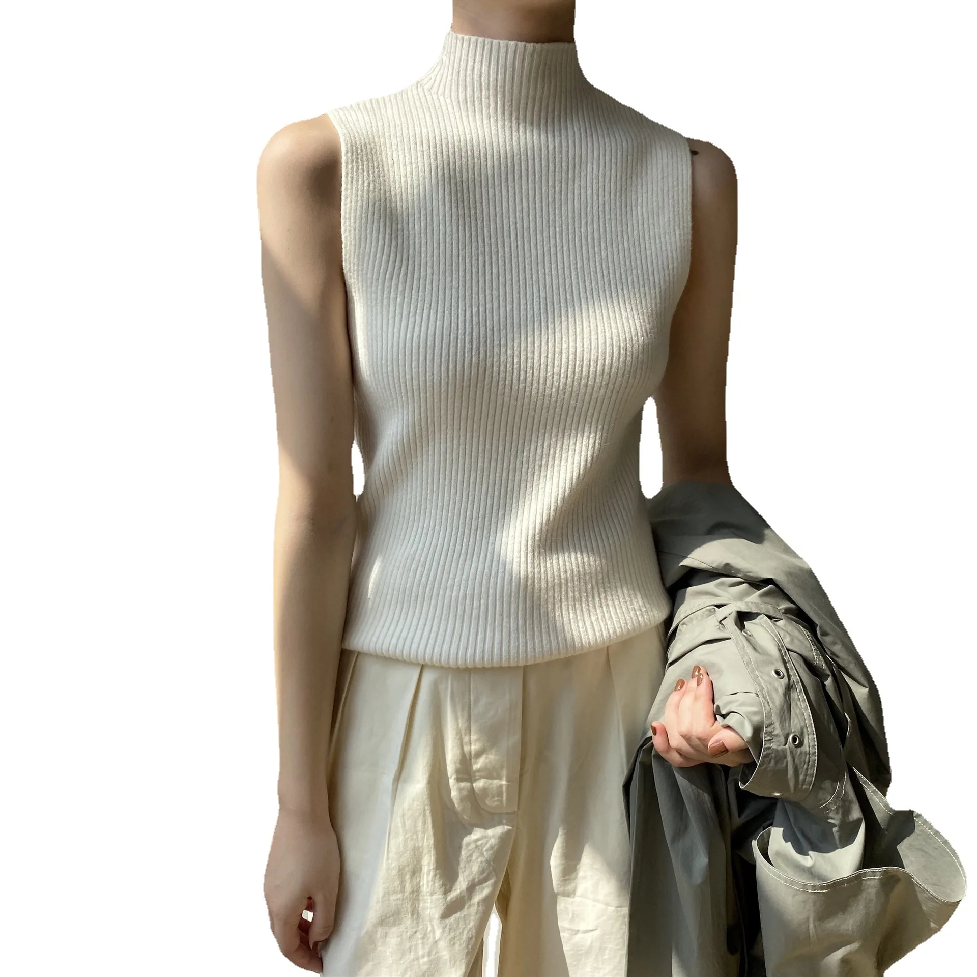 Kore Kolsuz Triko 2021 Streetwear Moda Sonbahar Yeni Kadın Düz Renk Örme Yelek Yüksek Boyun Casual Tops Kazak Beyaz Görüntü 4
