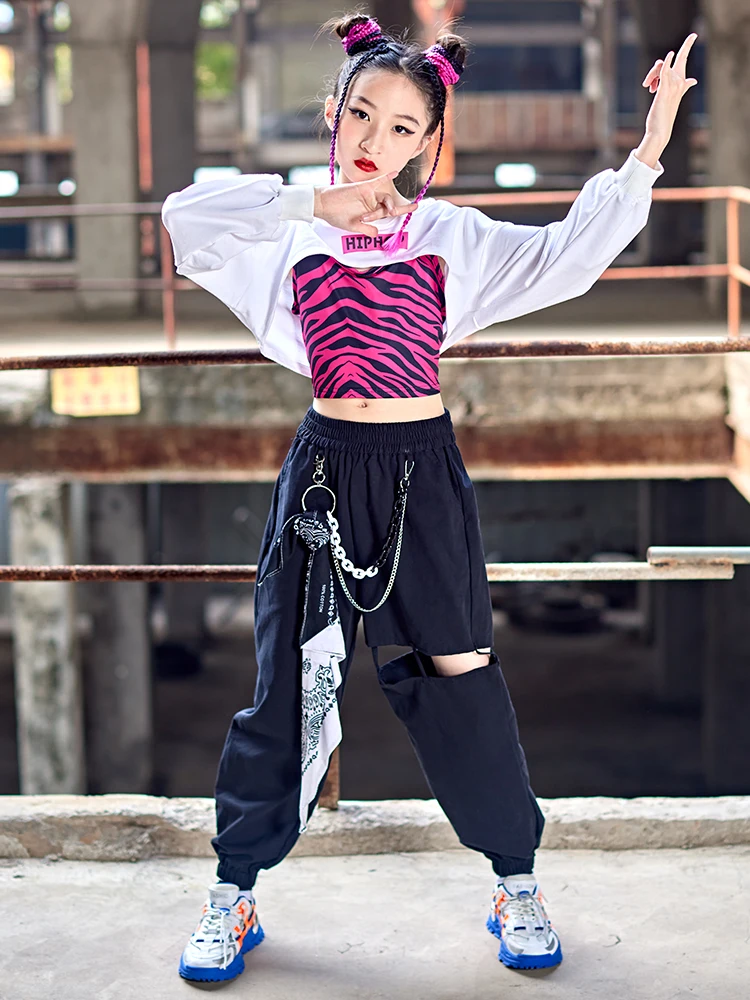 Kızlar Balo Salonu Hip Hop Dans Elbise uzun kollu üstler rahat pantolon Çocuklar İçin Sokak Dans Performansı Giyim Kpop Kıyafet BL9101 Görüntü 2