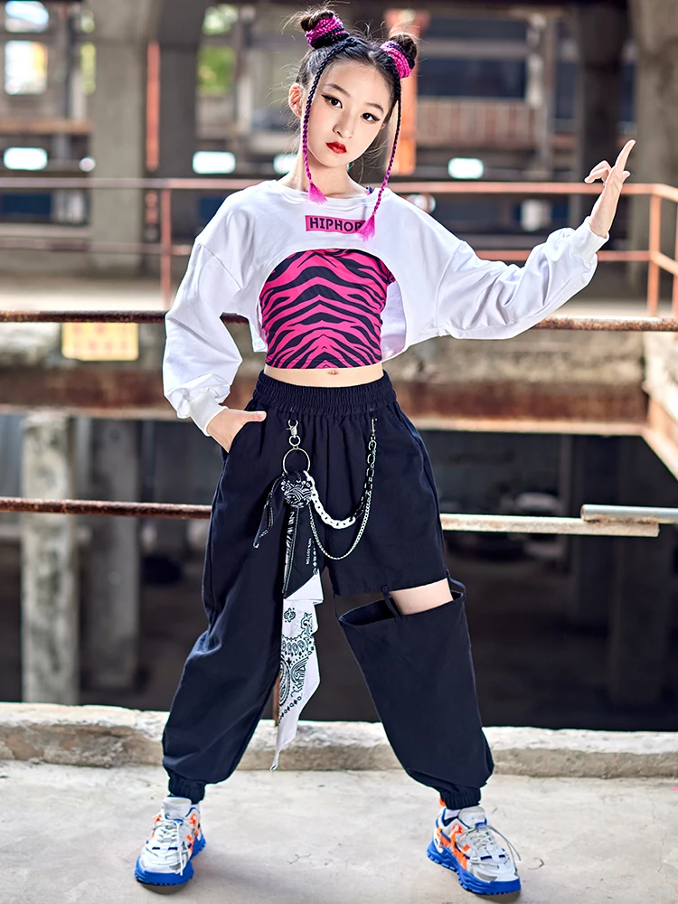 Kızlar Balo Salonu Hip Hop Dans Elbise uzun kollu üstler rahat pantolon Çocuklar İçin Sokak Dans Performansı Giyim Kpop Kıyafet BL9101 Görüntü 3