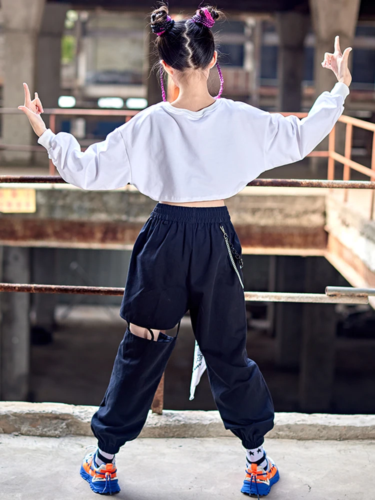 Kızlar Balo Salonu Hip Hop Dans Elbise uzun kollu üstler rahat pantolon Çocuklar İçin Sokak Dans Performansı Giyim Kpop Kıyafet BL9101 Görüntü 4